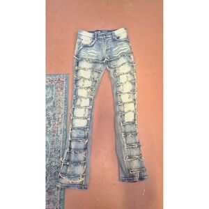 Spark Mens Premium Denim Studio Collection Flare Fit Distressed Jeans Blue 32x36